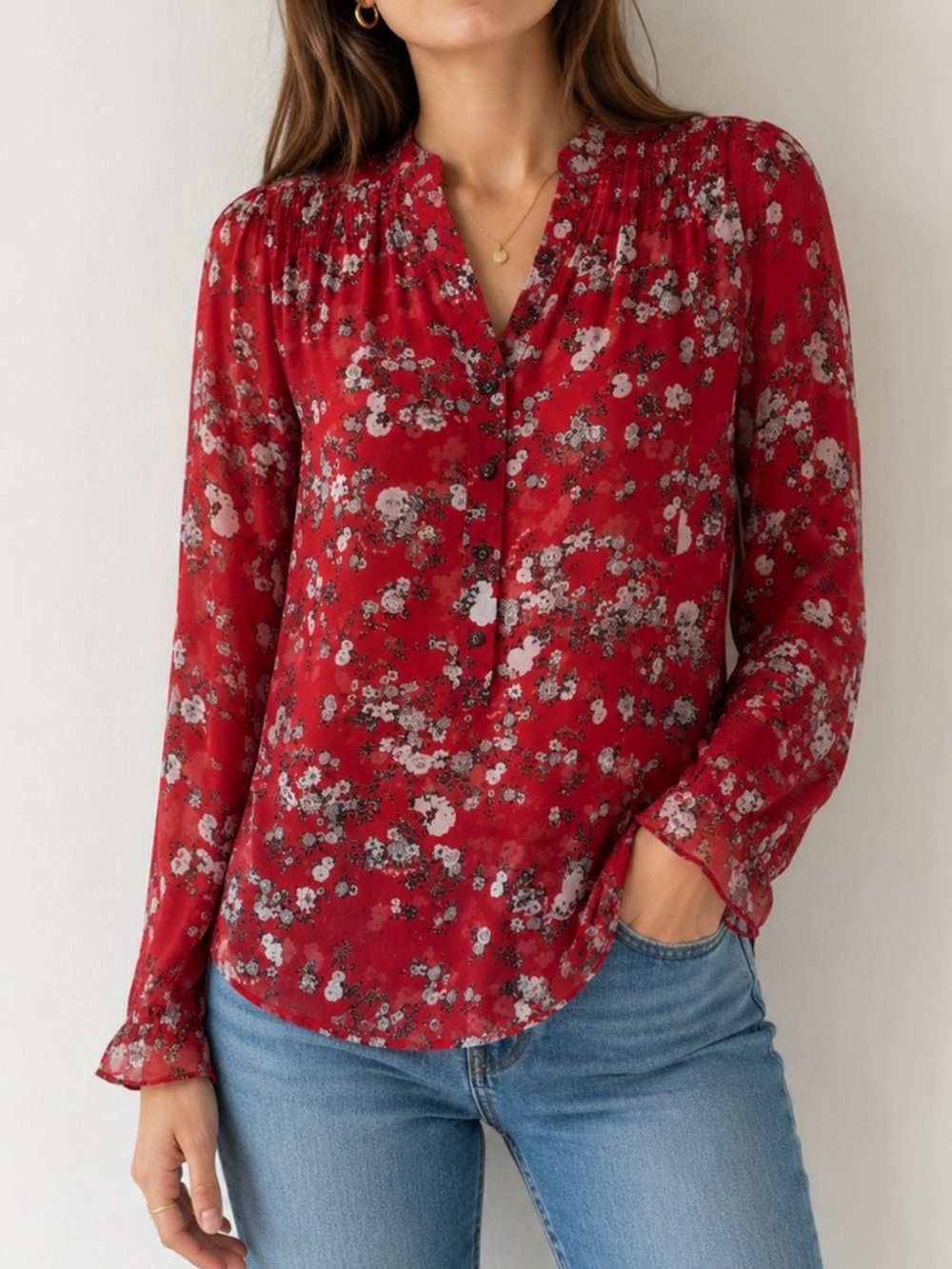 Rag & Bone Susan Silk Floral Blouse Red Pink Button Front Boho Romantic Office L